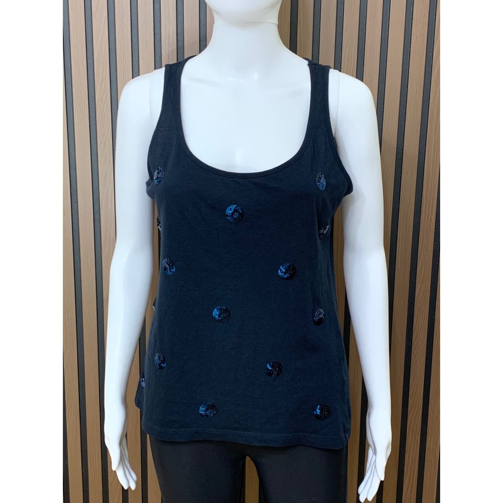 Banana Republic Women's Navy Blue Sequin Polka Dot Tank Top S Scoop Neck Cotton